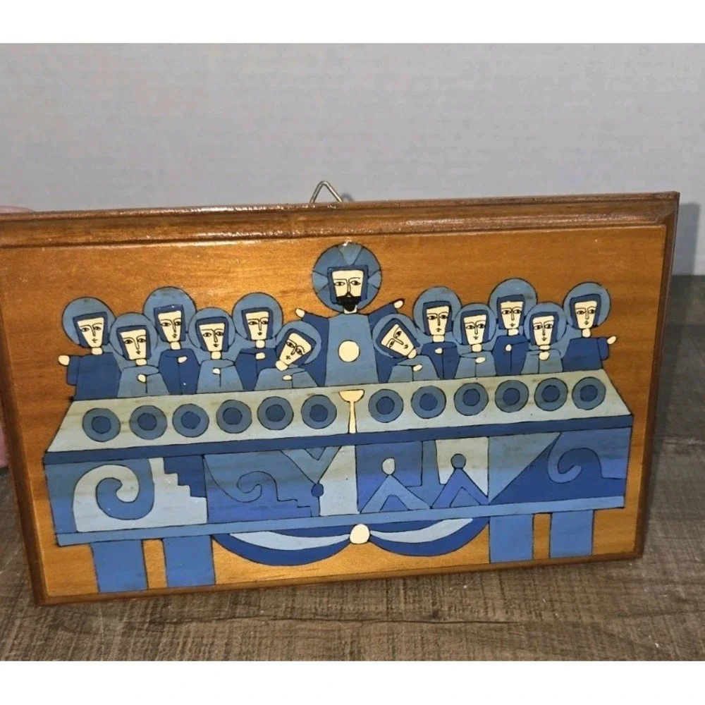 Handmade El Salvador Folk Art The Last Supper Painted Wood Plaque Wall Decor